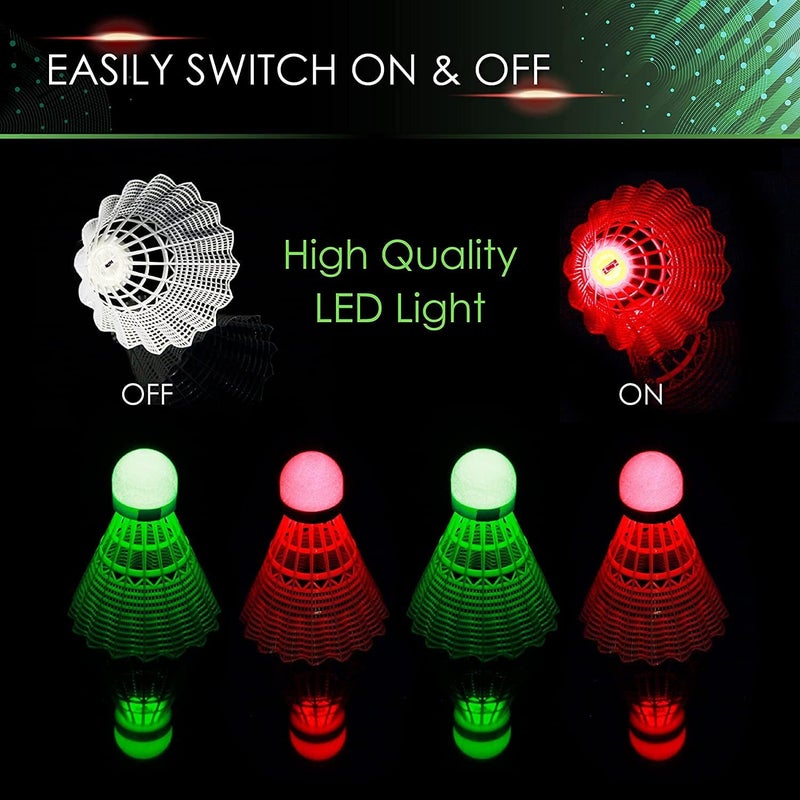E-Jet Badminton Shuttlecocks, Badminton Birdies 4pcs - Lighting Glow in The Dark Night - Image 4